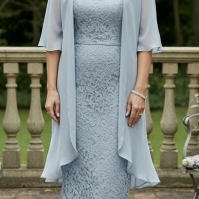 Light blue a line plus size tea-length with jacket mother of bride /groom dresses evening formal gown