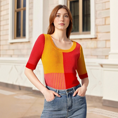 Orange red knit spell color short top - Thumbnail 4