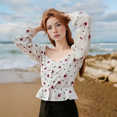SQUARE COLLAR PUFF FLOWER LONG SLEEVE TOP