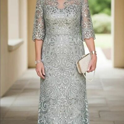 Grey sheath plus size lace mother of bride /groom dresses evening formal gown