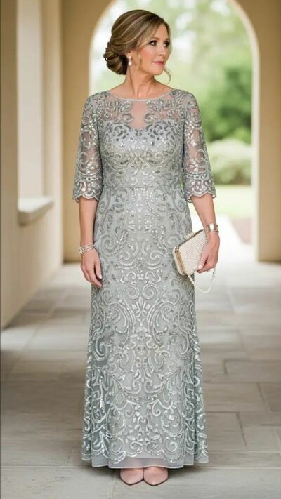 Grey Sheath Plus Size Lace Mother Of Bride /Groom Dresses Evening Formal Gown