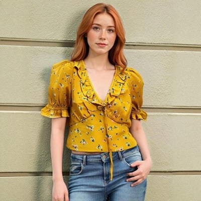 YELLOW WRAP FLOWER SHORT FRENCH SUMMER TOP RETRO STYLE