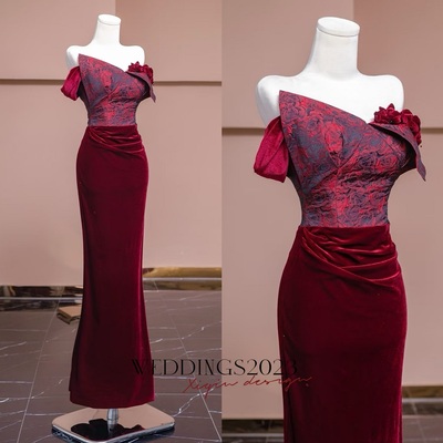 Burgundy irregular neck cap sleeves mermaid velvet floor length handmade flower prom dress