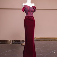 Burgundy Irregular Neck Cap Sleeves Mermaid Velvet Floor Length Handmade Flower Prom Dress - Thumbnail 1