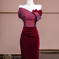 Burgundy Irregular Neck Cap Sleeves Mermaid Velvet Floor Length Handmade Flower Prom Dress - Thumbnail 2