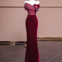 Burgundy Irregular Neck Cap Sleeves Mermaid Velvet Floor Length Handmade Flower Prom Dress - Thumbnail 3