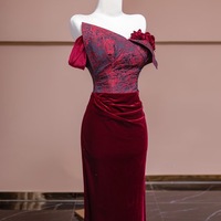Burgundy Irregular Neck Cap Sleeves Mermaid Velvet Floor Length Handmade Flower Prom Dress - Thumbnail 4