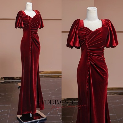 Burgundy velvet short sleeves mermaid slit with button evening dress