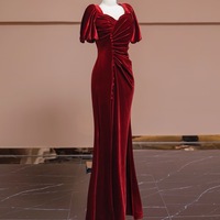 Burgundy Velvet Short Sleeves Mermaid Slit with Button Evening Dress - Thumbnail 4