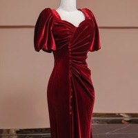 Burgundy Velvet Short Sleeves Mermaid Slit with Button Evening Dress - Thumbnail 5