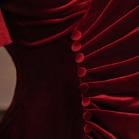 Burgundy Velvet Short Sleeves Mermaid Slit with Button Evening Dress - Thumbnail 6