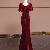 Burgundy Velvet Short Sleeves Mermaid Slit with Button Evening Dress - Thumbnail 7