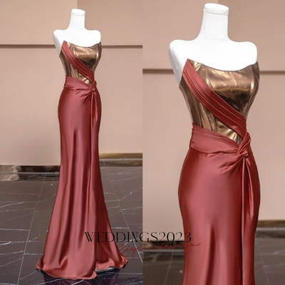 Strapless satin mermaid lace up back with train prom dress