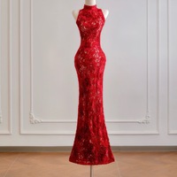 High Neck Lace Sleeveless Mermaid Floor Length Zipper Back Prom Dress - Thumbnail 1