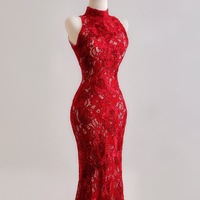 High Neck Lace Sleeveless Mermaid Floor Length Zipper Back Prom Dress - Thumbnail 2