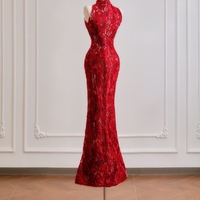 High Neck Lace Sleeveless Mermaid Floor Length Zipper Back Prom Dress - Thumbnail 3