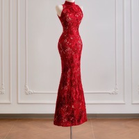 High Neck Lace Sleeveless Mermaid Floor Length Zipper Back Prom Dress - Thumbnail 4