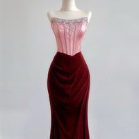 Pink Satin Strapless Beading Mermaid Velvet Floor Length Prom Dress - Thumbnail 1