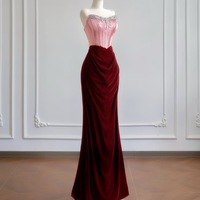 Pink Satin Strapless Beading Mermaid Velvet Floor Length Prom Dress - Thumbnail 2