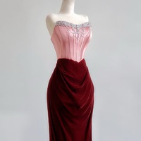 Pink Satin Strapless Beading Mermaid Velvet Floor Length Prom Dress - Thumbnail 3