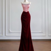 Pink Satin Strapless Beading Mermaid Velvet Floor Length Prom Dress - Thumbnail 4