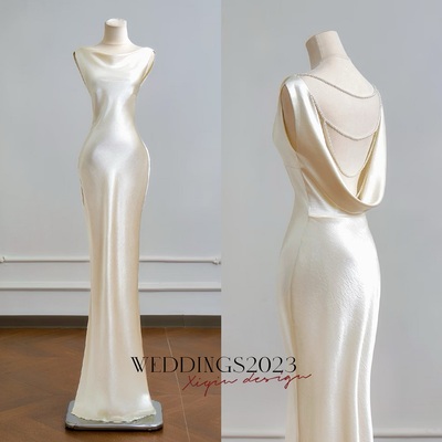 Ivory Sleeveless Mermaid Floor Length Backless Back with Pearl Prom Dress 