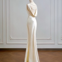 Ivory Sleeveless Mermaid Floor Length Backless Back with Pearl Prom Dress  - Thumbnail 3