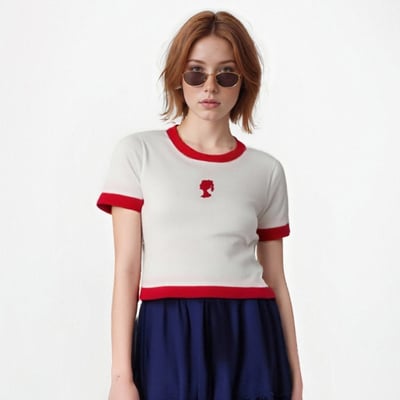 Girl embroidery white red crop knit top - Thumbnail 3