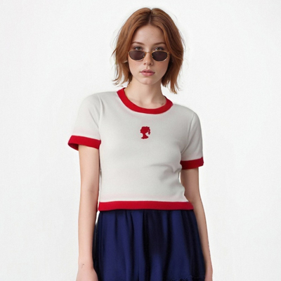 GIRL embroidery white red crop knit top