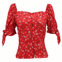 Square collar backless pleated floral chiffon shirt - Thumbnail 1