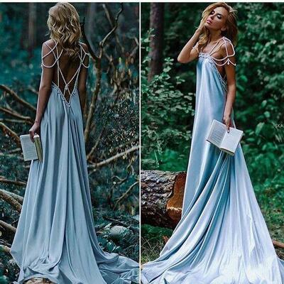 Bohemian Sexy Pearl Back Dusty Blue Long Wedding Dresses