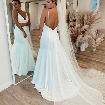 A-line v neck spaghetti straps white satin wedding dresses