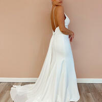 A-Line V Neck Spaghetti Straps White Satin Wedding Dresses - Thumbnail 1
