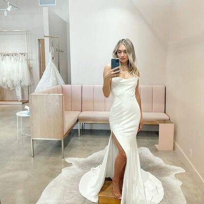 Simple mermaid cowl neck spaghetti straps satin wedding dress