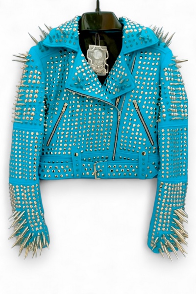 Crafted Leather Classy Women Turquoise Blue Studded Jacket with Silver Studs and Spikes