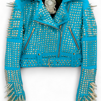 Crafted Leather Classy Women Turquoise Blue Studded Jacket with Silver Studs and Spikes - Thumbnail 1