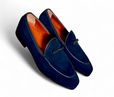 Crafted Leather Handmade Men Blue Suede Leather Tassel Loafers Dress Shoes
