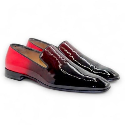 Crafted leather dark brown red patent leather loafers dress shoes