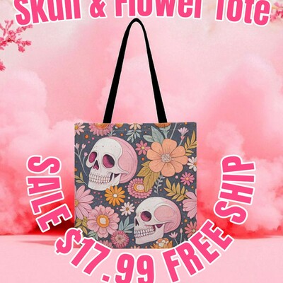 Pink skulls & floral garden cloth tote bag | day of the dead style | free ship | sale