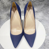 New denim stitching white heels pointed sexy slip-on shoes  - Thumbnail 2