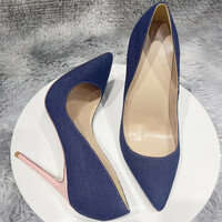 New denim stitching white heels pointed sexy slip-on shoes  - Thumbnail 1