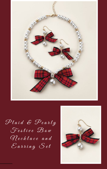 Plaid & Pearly Festive Bow Necklace and Earring Set