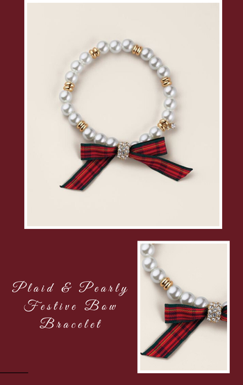 Plaid & Pearly Festive Bow Bracelet