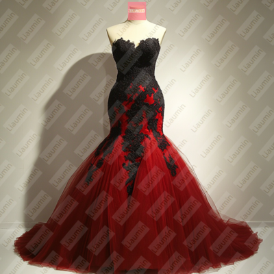 Red tulle and black lace wedding formal prom evening dress full length custom hand made w19-13.4 - Thumbnail 2