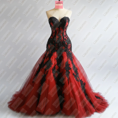 Red tulle and black lace wedding formal prom evening dress full length custom hand made w19-13.5