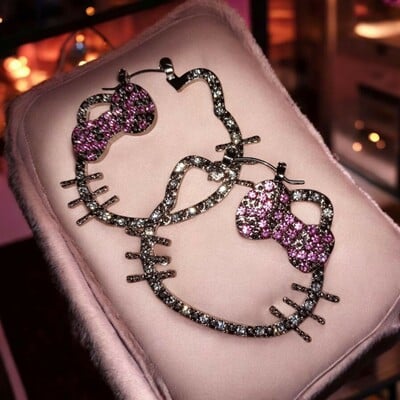 H kitty open face rhinestone hoop earrings