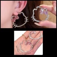 H Kitty Open Face Rhinestone Hoop Earrings - Thumbnail 1
