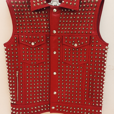Crafted leather men crimson red studded jacket punk style stylish leather vest