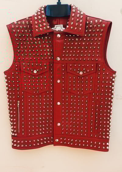 Crafted Leather Men Crimson Red Studded Jacket Punk Style Stylish Leather Vest 