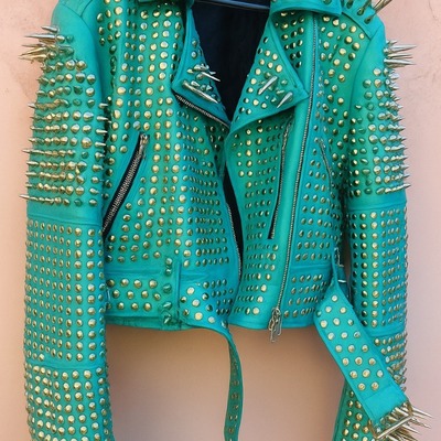 Crafted leather new classic awesome handmade women's viridian green leather studded brando metal spiked leather round studs jacket